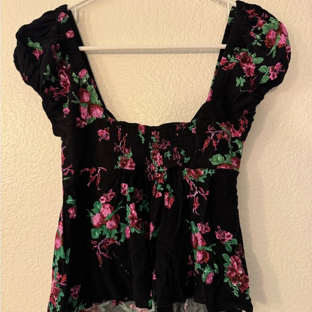 Free People Black Floral Blouse with Button Accents